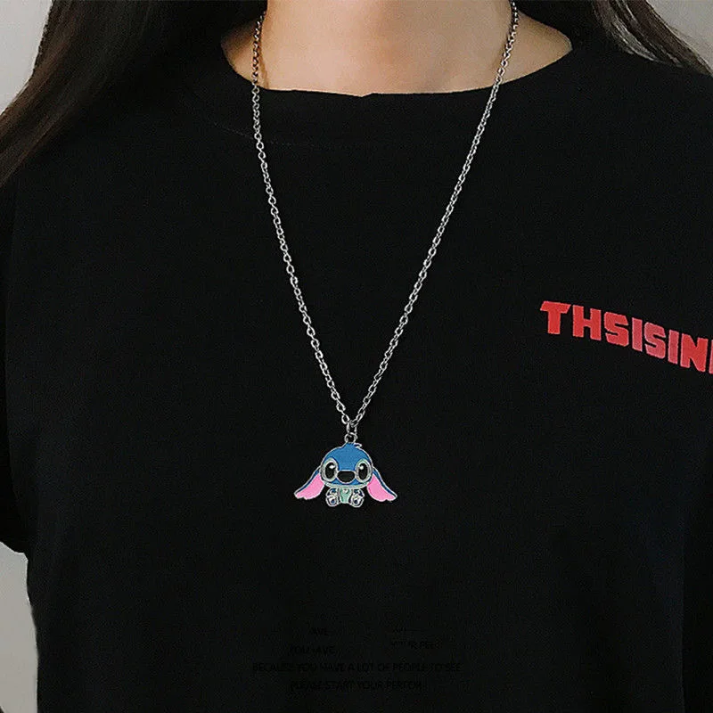 Cartoon Lilo Stitchss Necklace Modeling Metal Necklace Anime Characters Stitch Kawaii Hip Hop Keyring Birthday Christmas Gifts