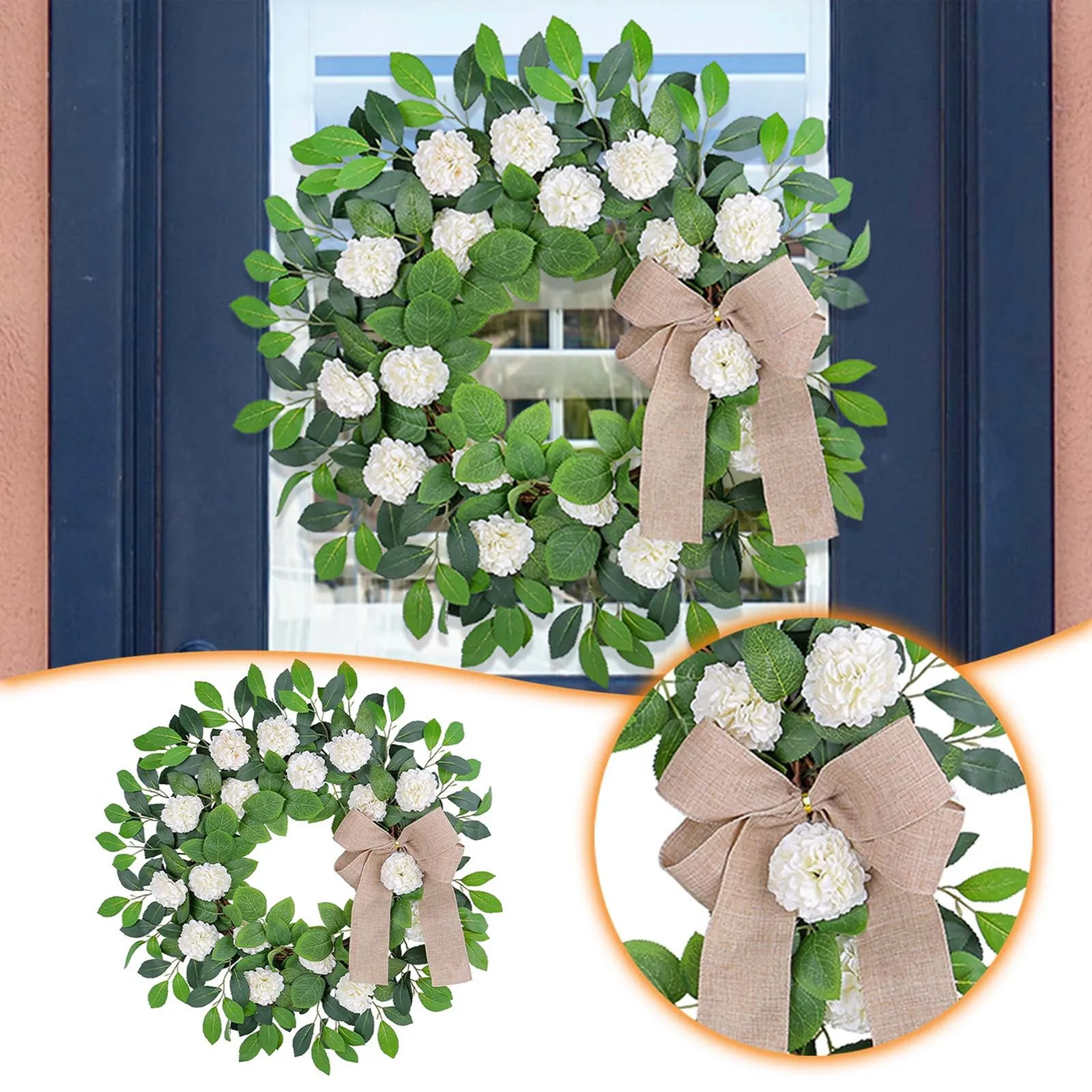 

Summer White Hydrangea Wreath Decoration Small Hydrangea Green Leaf Door Hanging Outdoor Rattan Christmas Wreath With Light