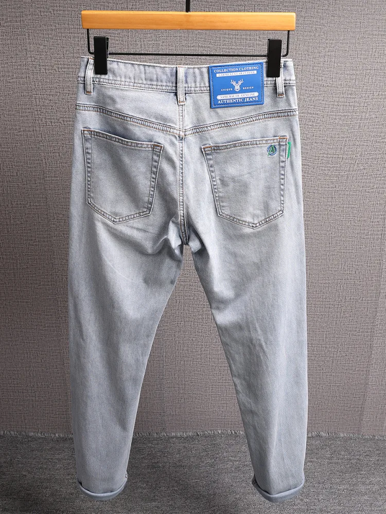 Twill Fabric Soft Thin Jeans Men's Embroidered Printed Stretch Small Straight Light Color Casual Trousers