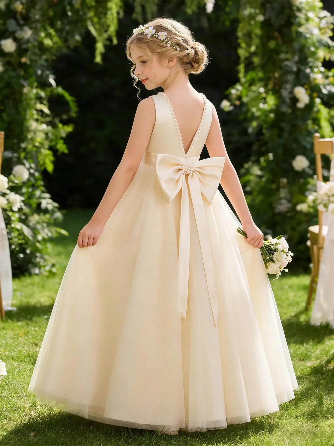 Girls' Beaded 3D Bow Princess Dress, High-End Children's Dress, Piano Host Performance Outfit, Flower Girl Wedding Dress