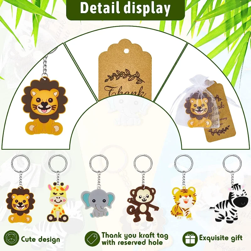 30 Sets Zoo Animals Party Favors Safari Animal Keychains with Thank You Tags Organza Bags for Baby Shower Birthday Party Decor