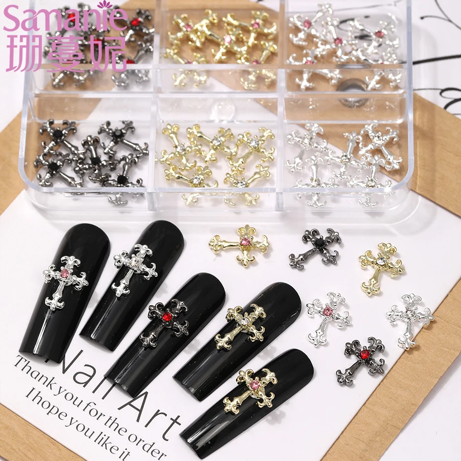 SANANIE 6Grids Gothic Y2K Pink Red Crystal Embedded Nail Art Charms 3D Retro Alloy Cross DIY Halloween Jewelry Nails Accessories