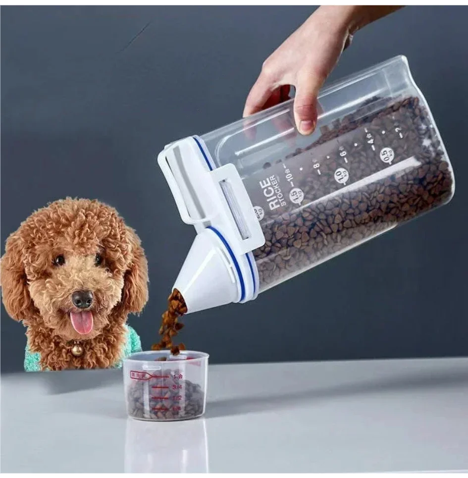 

1.5kg/2kg Dog Cat Food Pail Plastic Storage Tank with Measuring Cup Container Moisture-proof Sealed Jar Pet Supplies Accessories