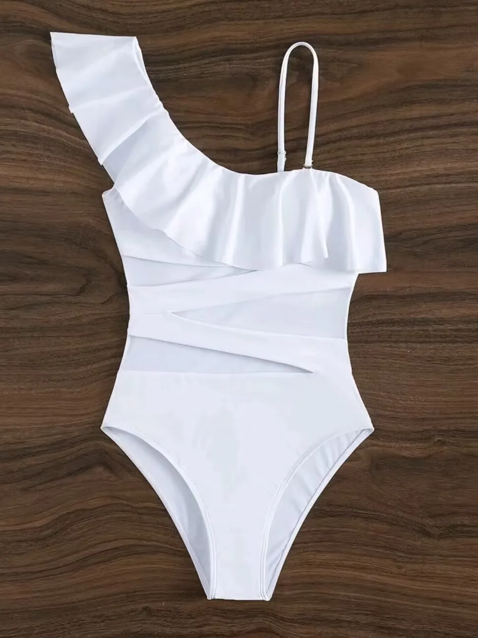 Ruffle Contrast Mesh Swimsuit Women One Piece Swimwear 2023 Bodysuit Bathers Bathing Swimming Swim Suit Sports Beachwear