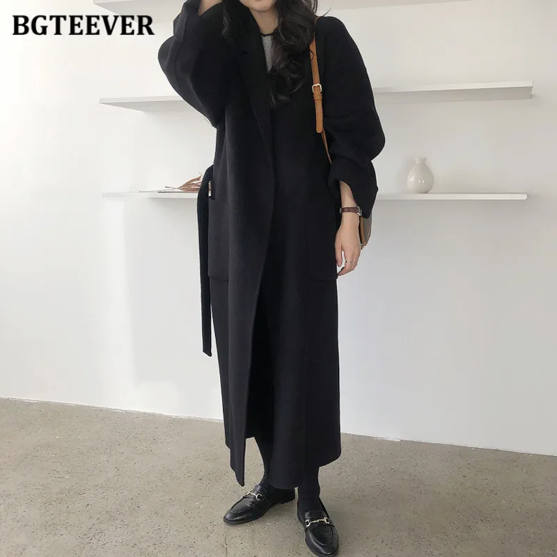 BGTEEVER-Sobretudos de lã, mistura longa, elegantes casacos de lapela, manga cheia, cordões, bolsos soltos, feminino, inverno