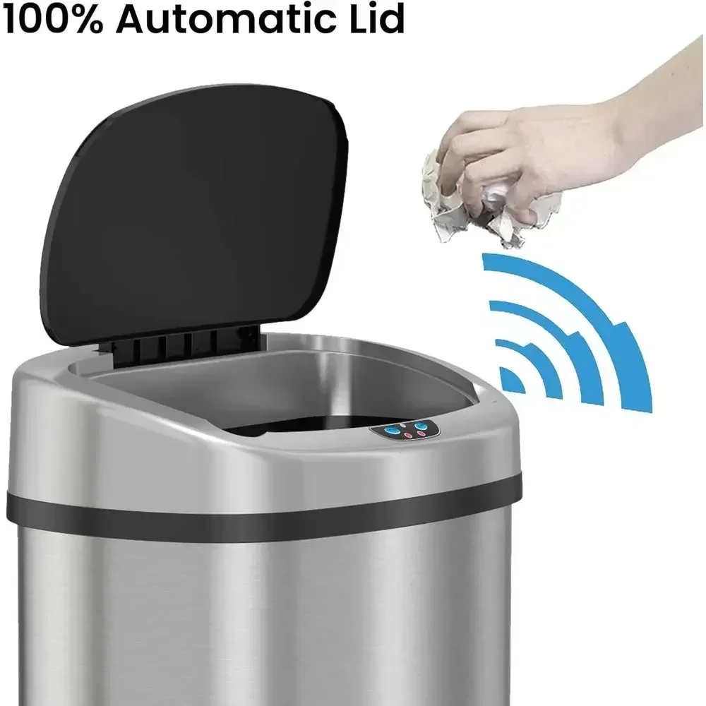 Motion-Activated 13-Gallon Stainless Steel Trash Can with Lid, Odor Filter, and AC Adapter for Home or Office Use