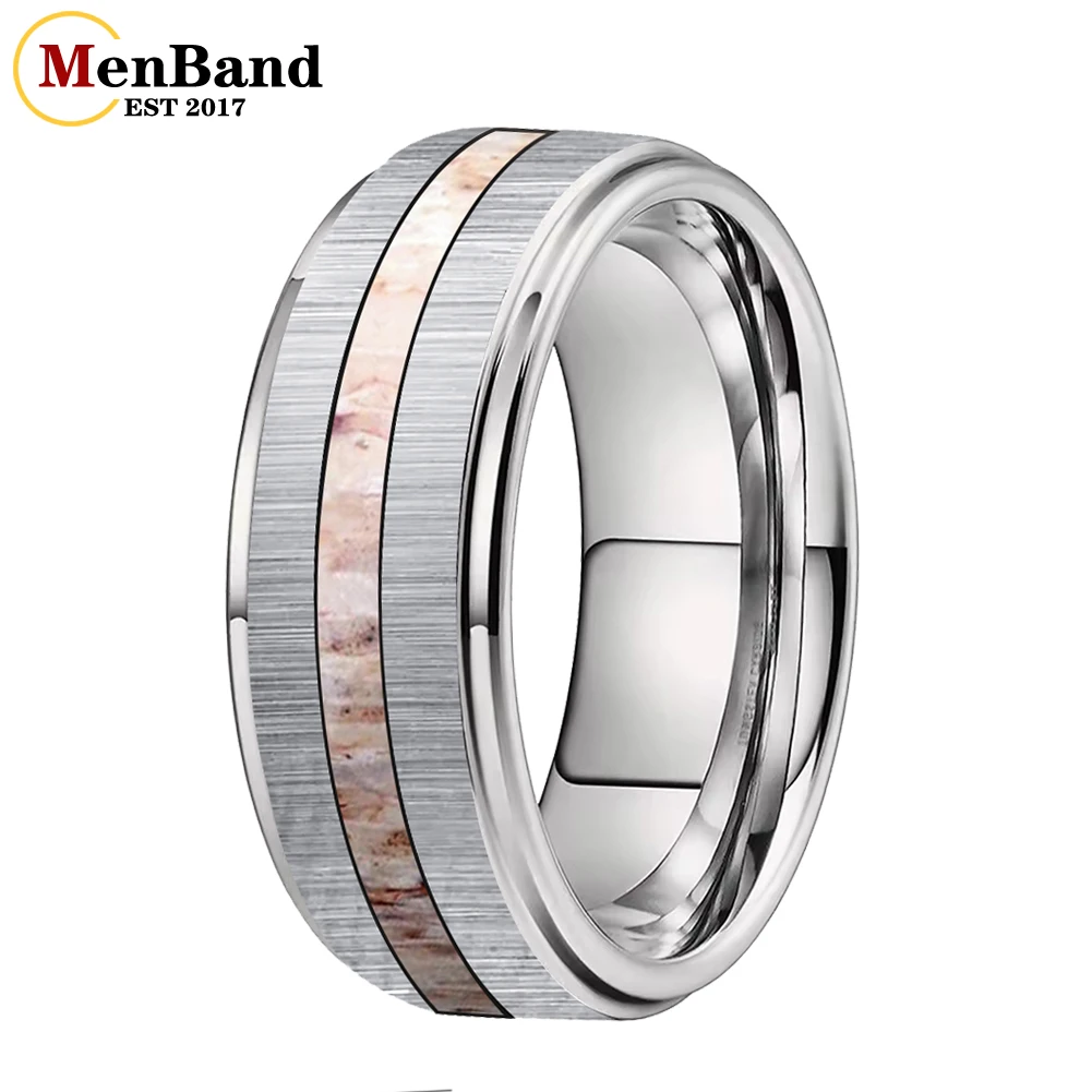 MenBand Silver 6MM 8MM Tungsten Finger Ring Men Women Fashion Engagement Wedding Band Zebra Antler Inlay Brushed Finish