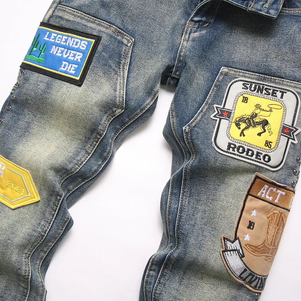 Men's Badge Patch Boot Cut Jeans Rivet Vintage Retro Blue Stretch Denim Pants Streetwear Slim Flared Trousers view 3