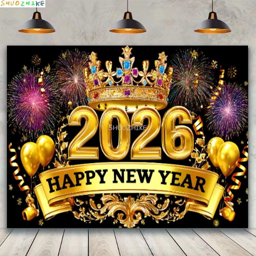 

2026 Gold Happy New Year Background Glitter Clock Champagne Lights Balloons Christmas Family Party Photography Backdrop NY-16