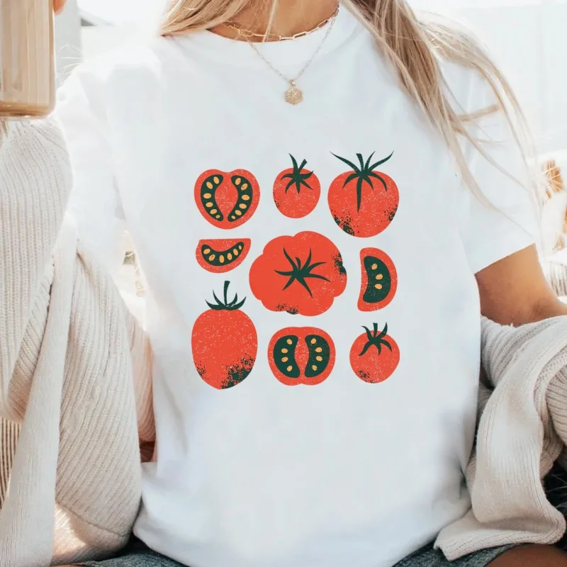 Tomato T Shirts Women Girl Summer Garden T-Shirt Farmers Market Tshirts Gardening T Shirt Casual Round Neck Printed Tees
