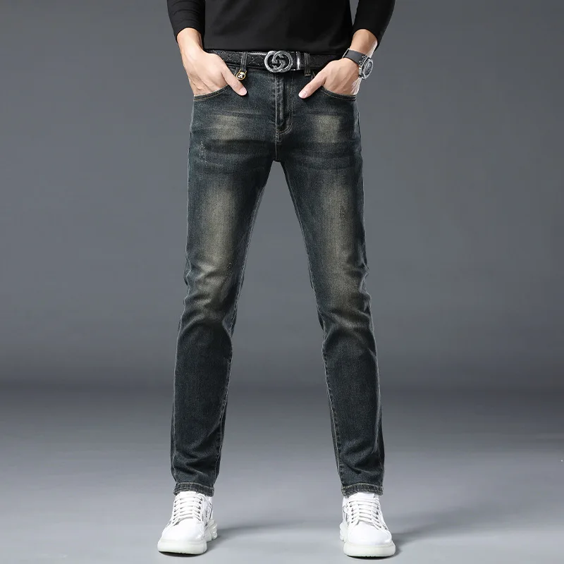 2024 autumn fashion embroidered light luxury denim pants for men, elastic slim fit small straight tube casual retro color denim