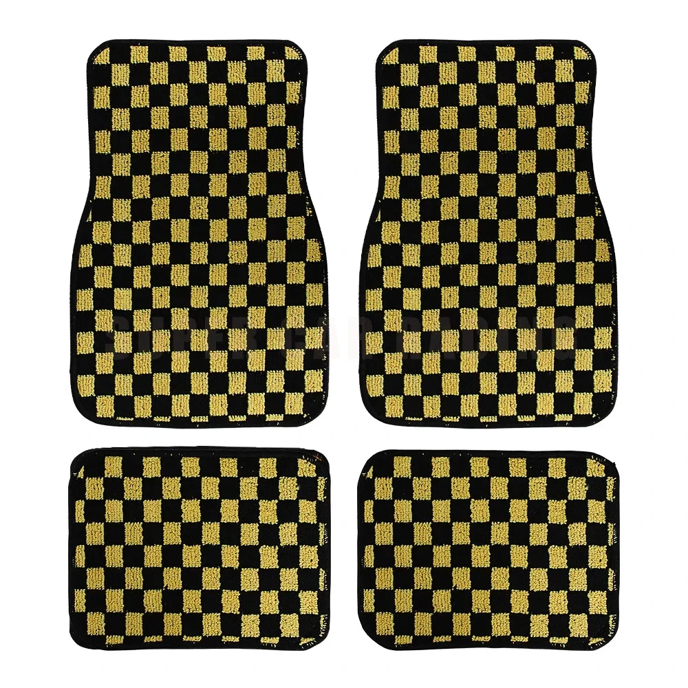 4Pcs JDM Racing Car Floor Mats Checkered Plush Non-Slip Universal Front  Rear Carpets Interior Decor Car Carpet Sets
