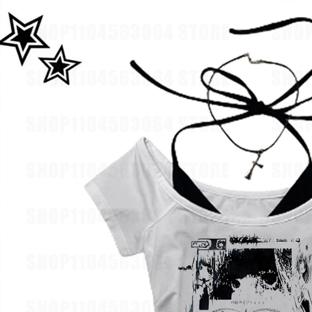 Tops de los años 2000, camisola gótica de ocio, Tops cortos Grunge con estampado de Chica de Anime, ropa Y2k, camiseta sin mangas Vintage para mujer, camisetas ajustadas para bebé
