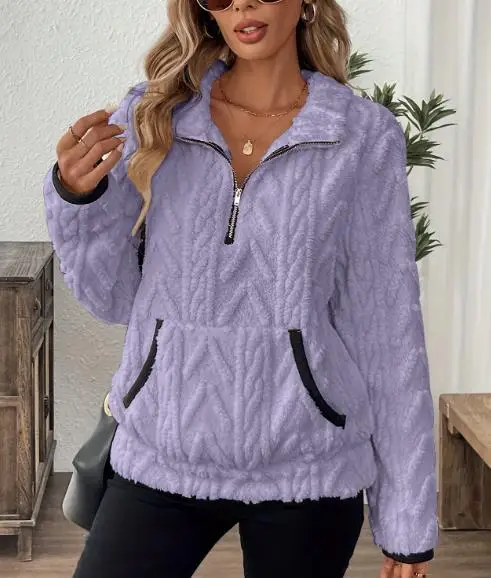 

Women's Hoodie 2025 Autumn/winter New Style Flip Collar Small Fragrant Jacquard Half Zipper Plush Pocket Short Hoodie