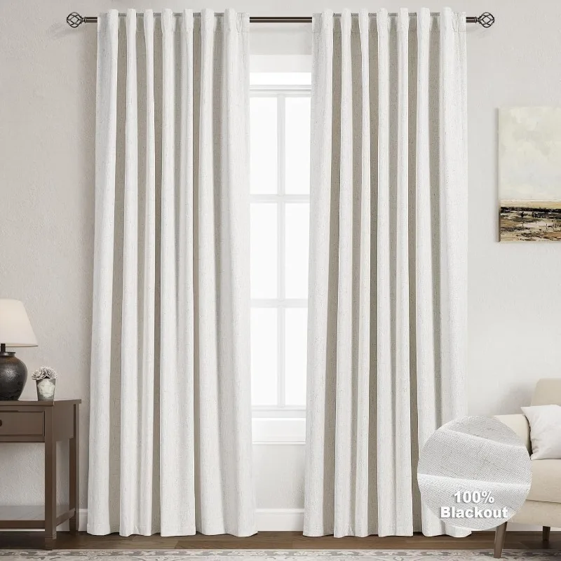 

Blackout Curtains Length 2 Panels Set for Bedroom Thermal Insulated 100% Blackout Linen Drapes Pleated Look Back Tab