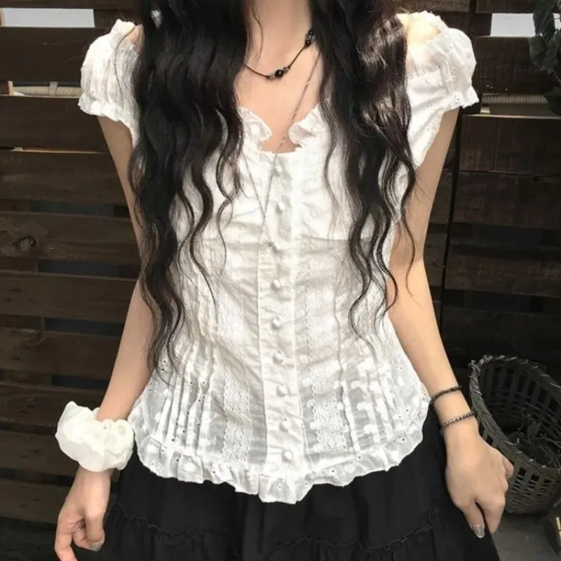 French Sweet Kawaii Lolita Blouse Women White Lace Ruffle Cold Shoulder Puff Sleeve Button Down Fitted Top Outfits Streetwear