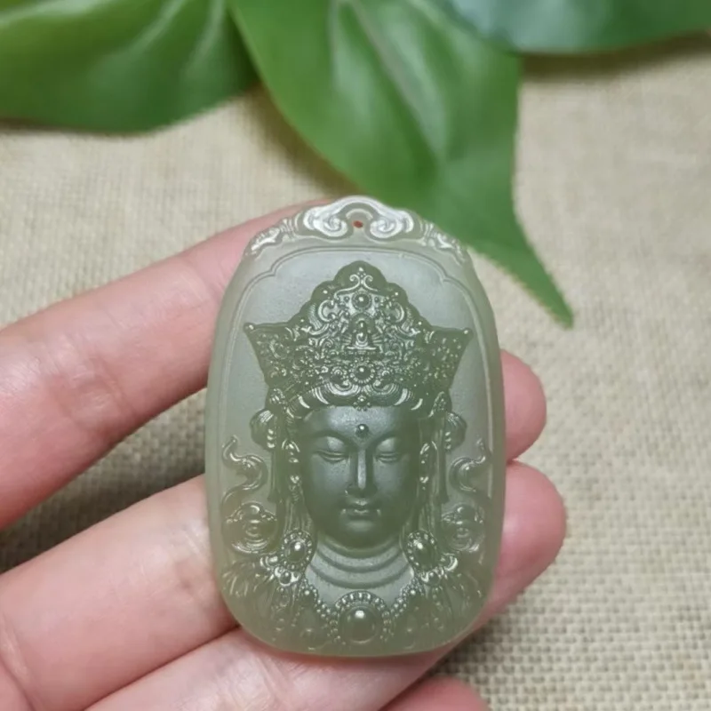 Natural Hetian Jade Double-Sided Pendant With Guanyin And Buddha Statue Peace