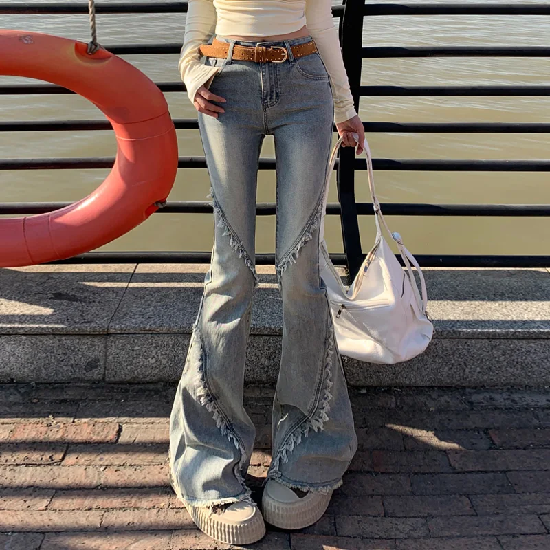 Womens Casual Slim Fit Y2K Vintage Washed High Waist Layered Design Frayed Hem Sexy Tall Drag Bell Bottom Pants Y2k jeans