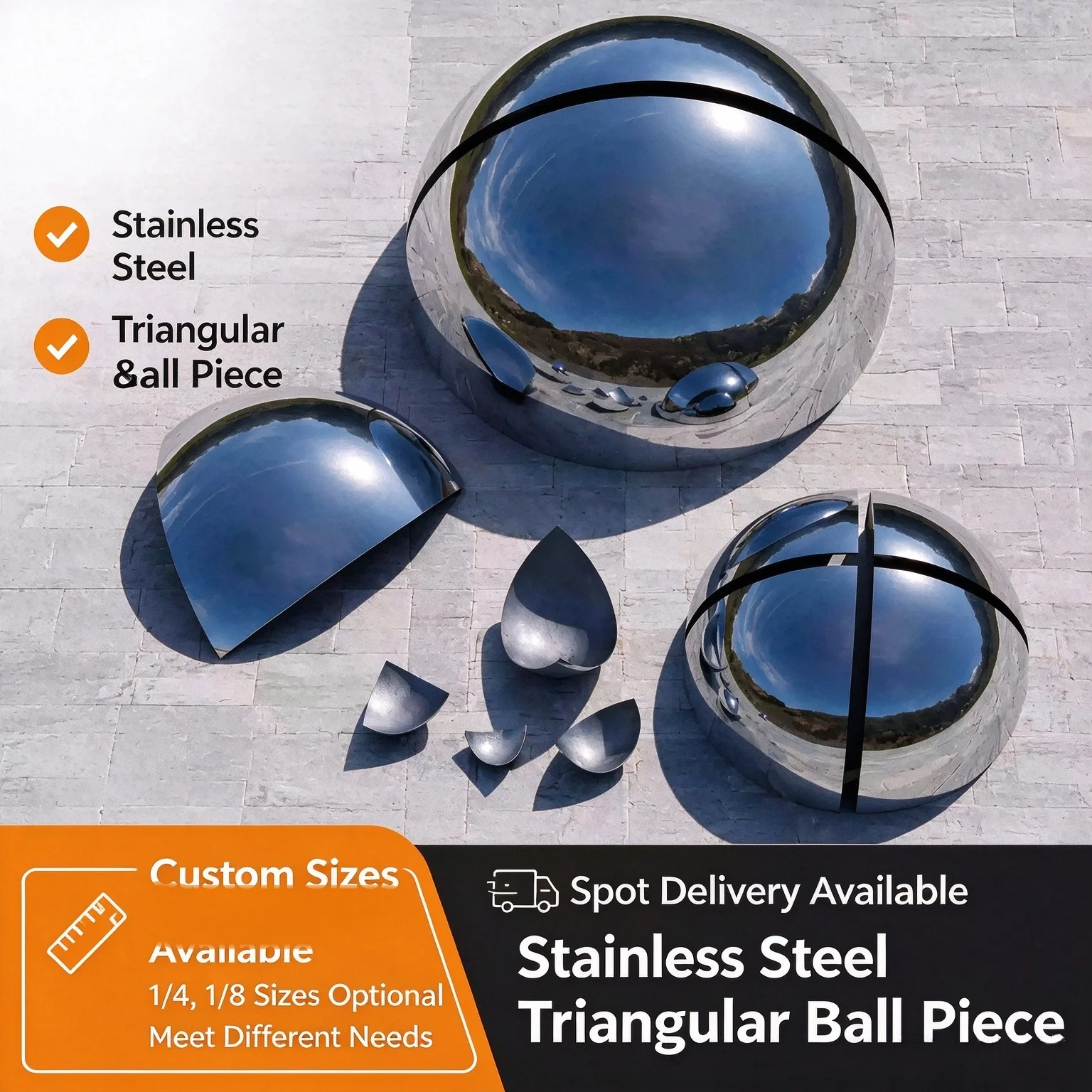 1/4 Stainless Steel Sphere, 201 Stainless Steel, 1.5mm Wall Thickness, Dia 38-400mm, Mirror Metal Half Ball for Art Decor