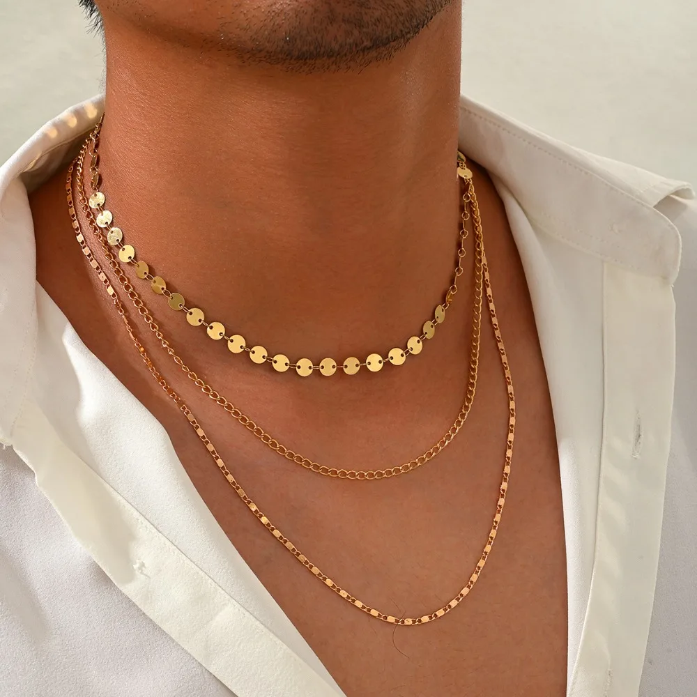 3pcs Set Minimalist Personality Gold Color Spaced Disc Thin Chain Stackable Necklace for Men Summer Vacation Outfit Jewelry Sets