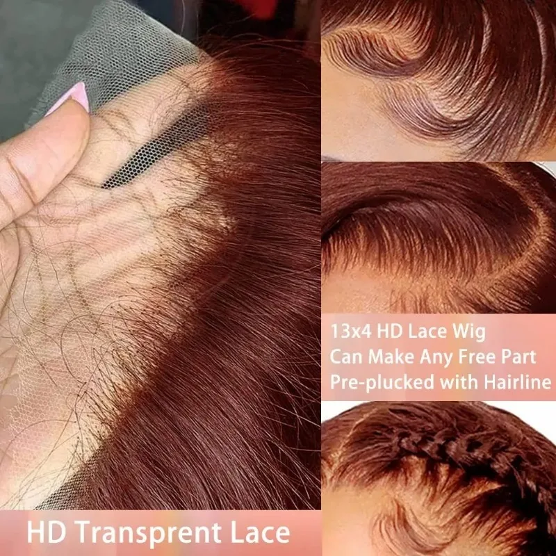 Wig rambut manusia renda depan 13x6 gelombang badan coklat tua merah kemerahan 250% HD Wig 13x4 Wig Frontal renda