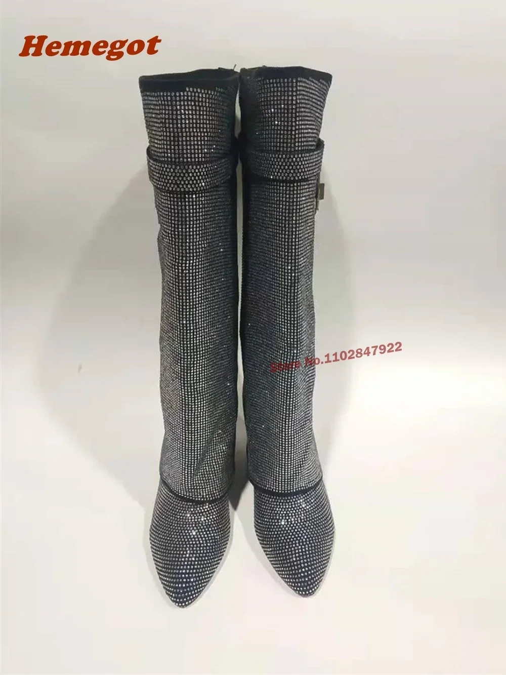 Bling Padlock Wedges Boots Round Toe Knee High Slip On Shark Boots for Women Winter Luxury Runway Shoes Rhinestones Long Boots