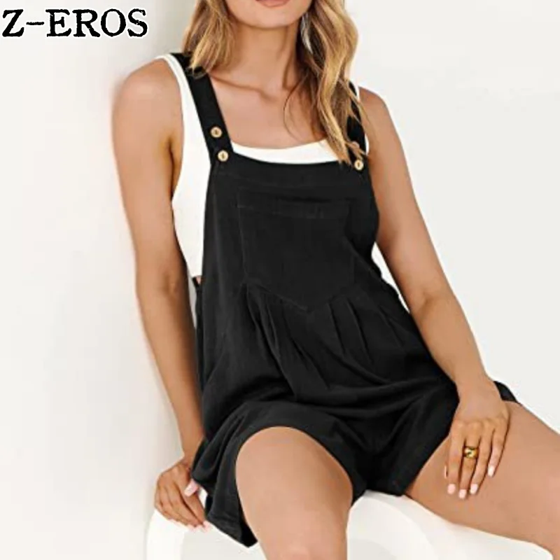 Z-EROS Women\'s Pocket Cotton Linen Loose Solid Color Casual Shoulder Strap Wide Leg Jumpsuit Sleeveless Mid Waist 5/4 Jumpsuit