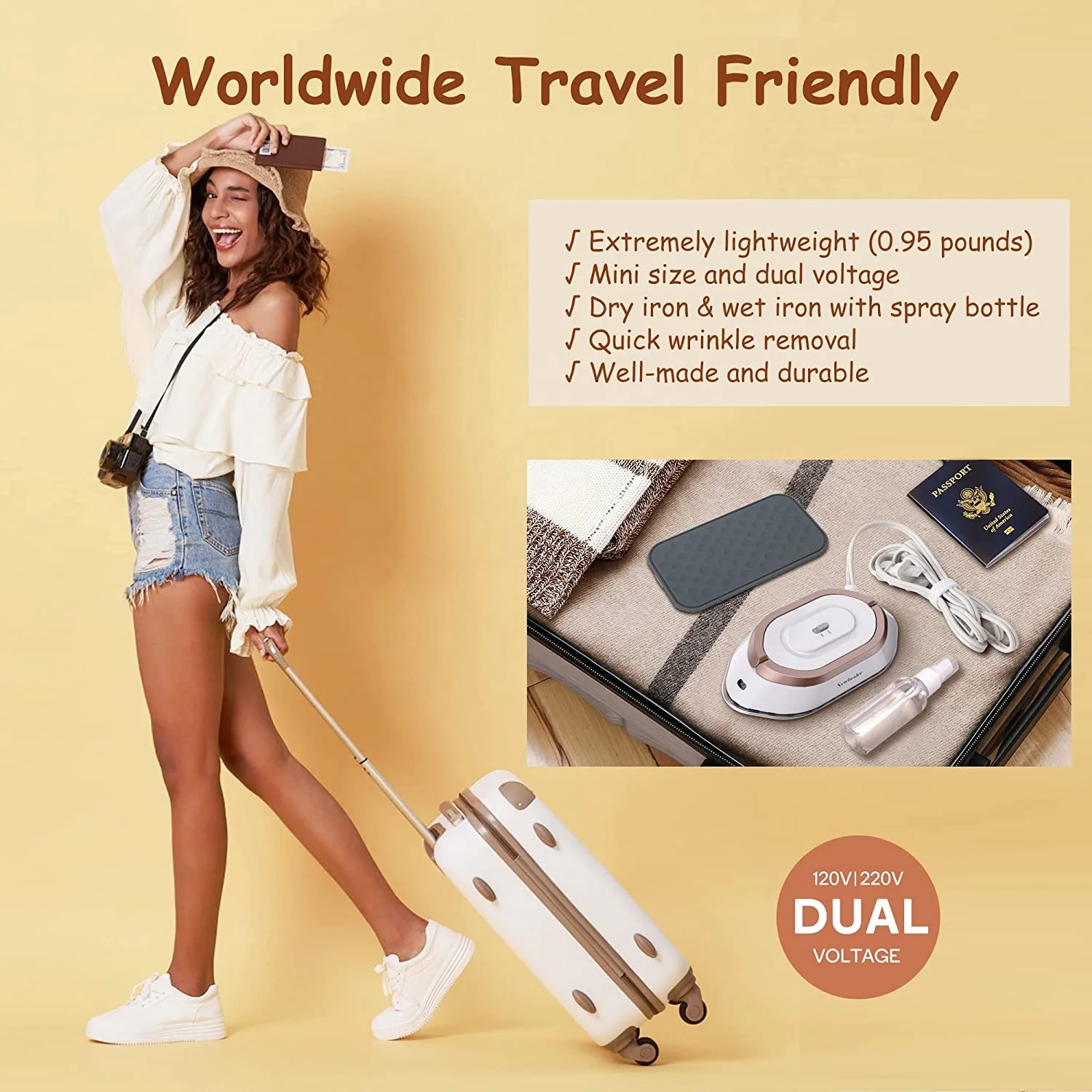Travel Iron with Dual Voltage 120V/220V Lightweight Dry Iron for Clothes (No Steam), Non-Stick Ceramic Soleplate