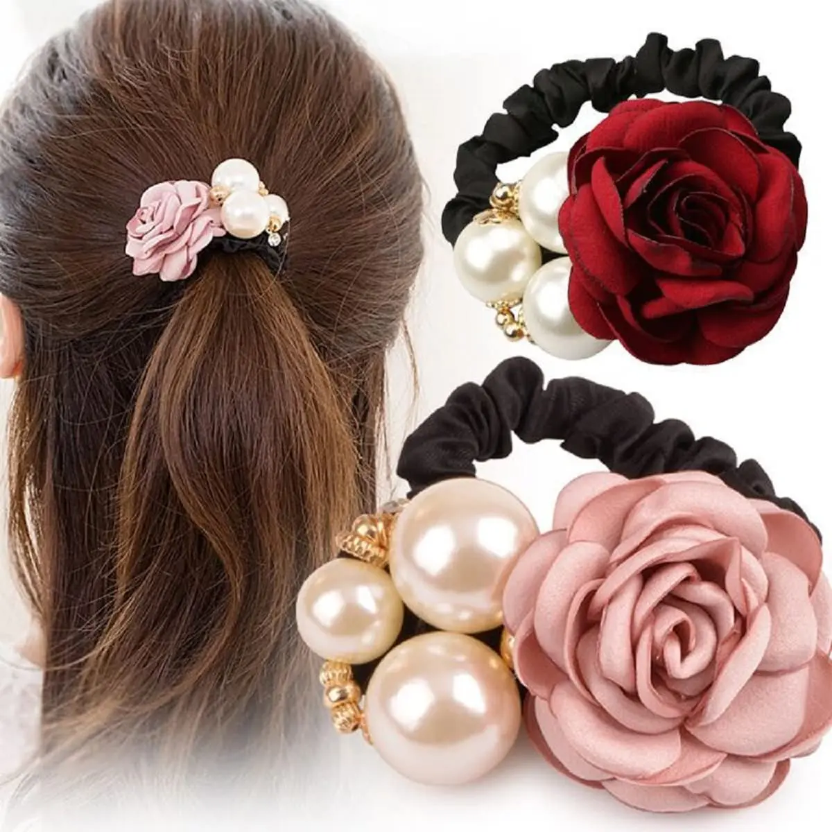 Korean Fashion Rose Hair Tie Women High Elastic Hair Bands Scrunchies Ponytail Holder Fashion Headwear Jewelry Decor Hair Ring