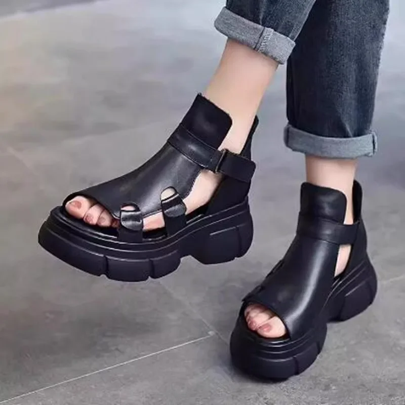 Fashion Roman-style Sandales Femmes Comfortable Sloping Heels for Women Retro Chunky Rocking Sandals Shoes Black Brown Sandalias