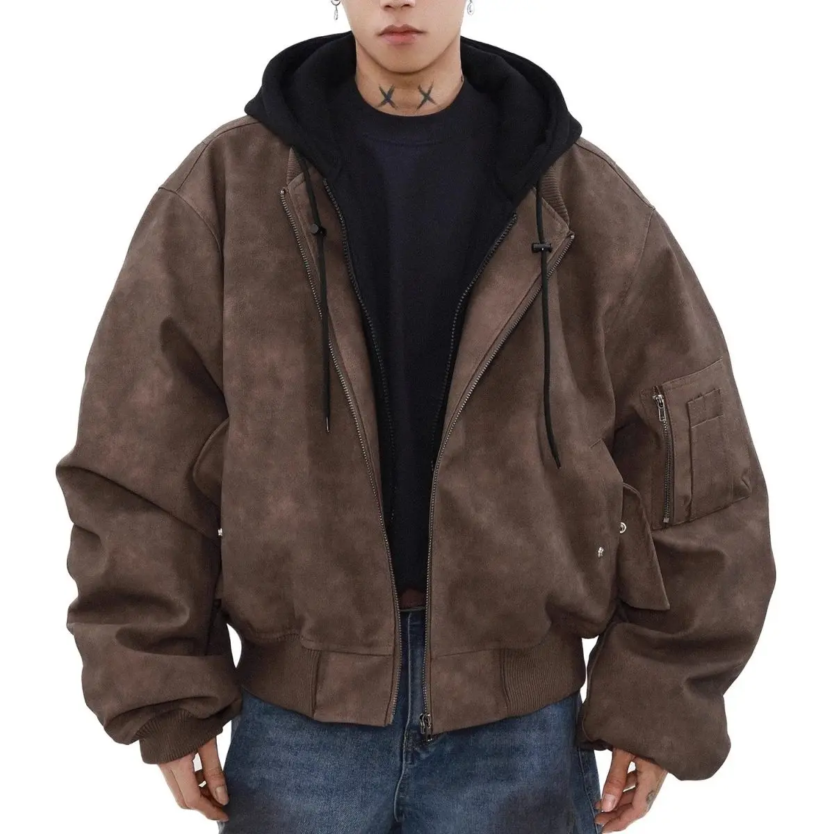 Hooded Fake Two-Piece Jacket Top For Men Women PU Leather Retro Casual Heavy Industry Puffs Handsome Loose Jacket