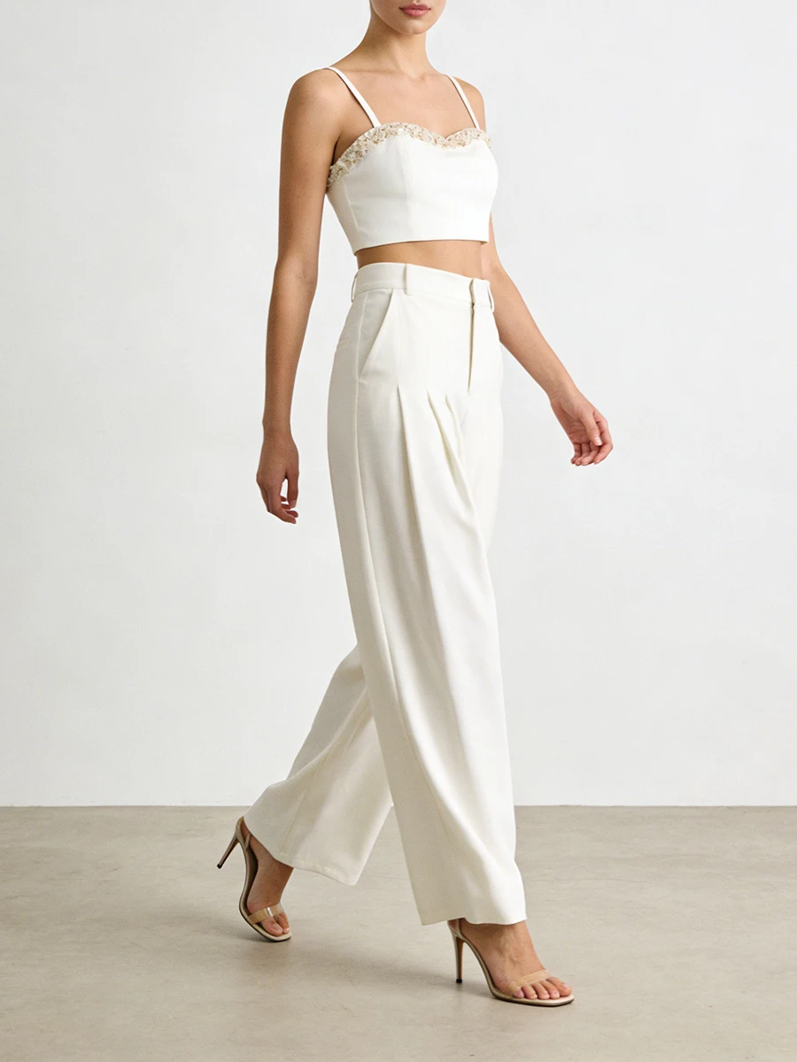 TWOTWINSTYLE solide bases deux pièces ensembles pour femmes col carré sans manches épissé perle gilet taille haute jambe large pantalon ensemble femme