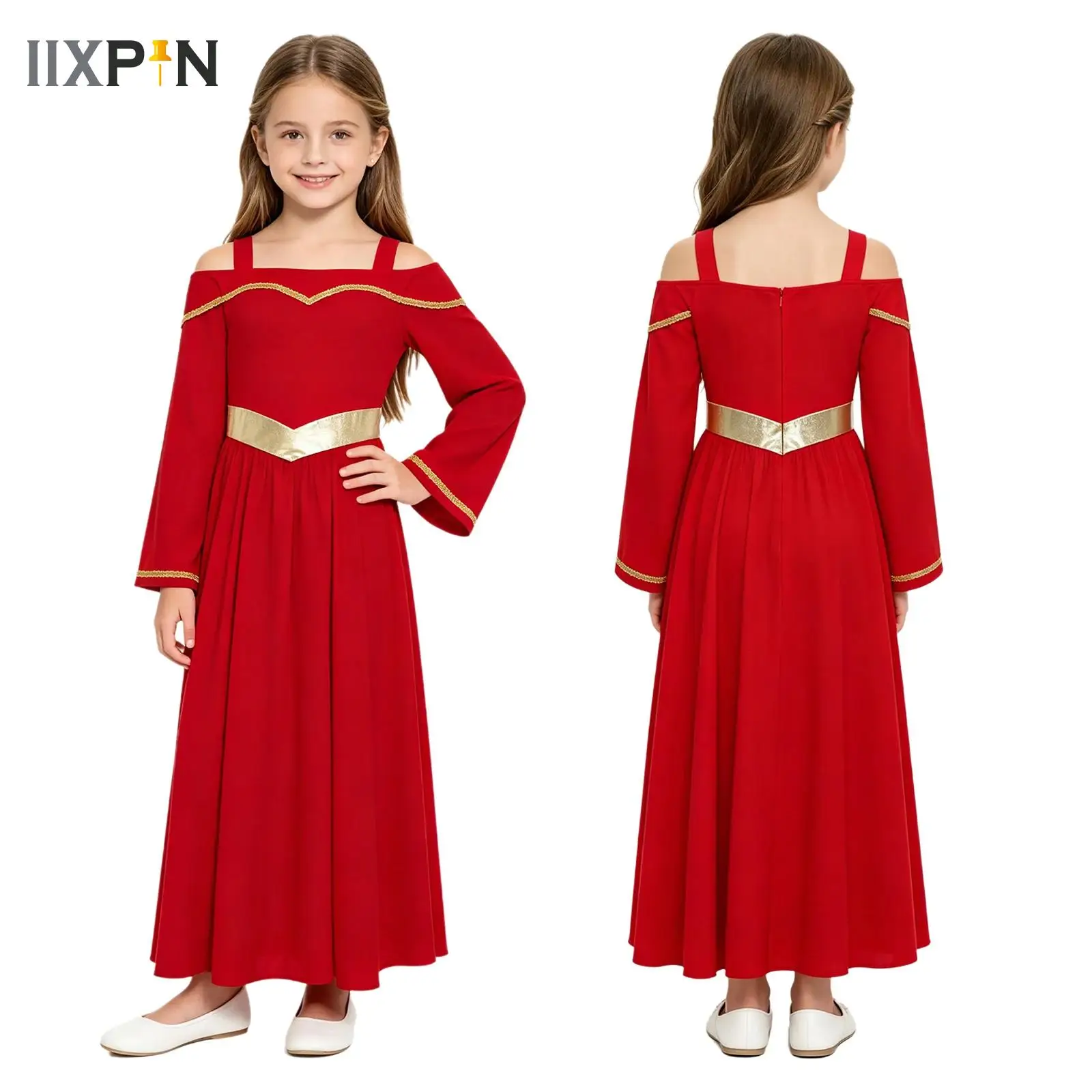 

Kids Girls Angel Costume Cold Shoulder Long Sleeve Gold Metallic Maxi Dress Liturgical Praise Church Choir Worship Pray Costume