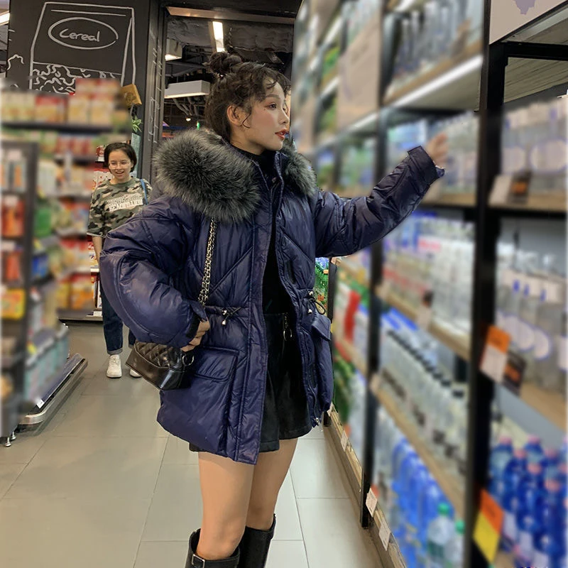 Drawstring Slim Fashion Parkas Winter Women Office Lady Warm Jackets Snow Wear Large Fur Collar Glossy Coats Female 2023 New