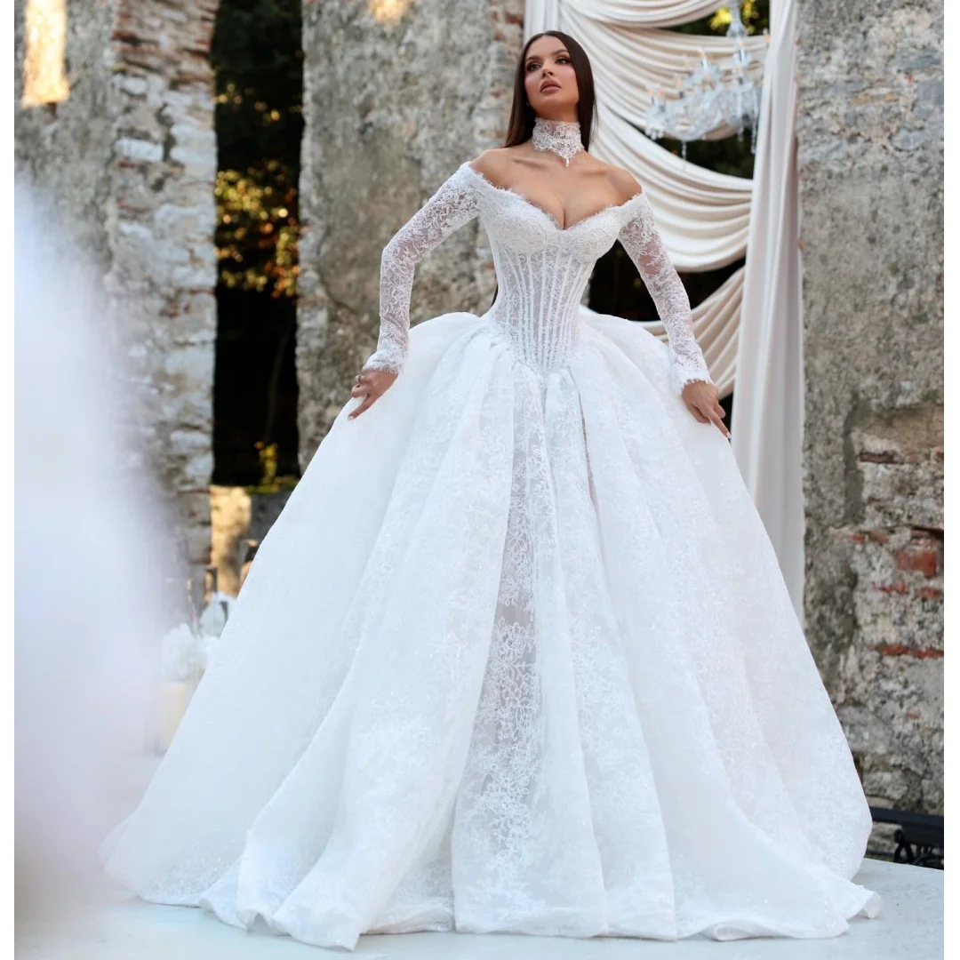 Abiti da sposa pieghettati in pizzo di lusso Squisito manica lunga Vestido de Novia Corsetto bustier Abito da sera Abiti personalizzati