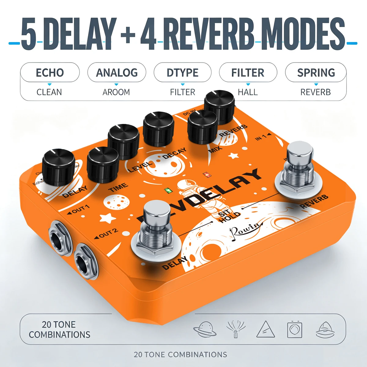 Rowin Dual Footswitch Stompbox Digital Delay & Plate Reverb 2in1 Multi‑Mode 5 Delay Modes 4 Reverb Algorithms Guitar Bass Effect