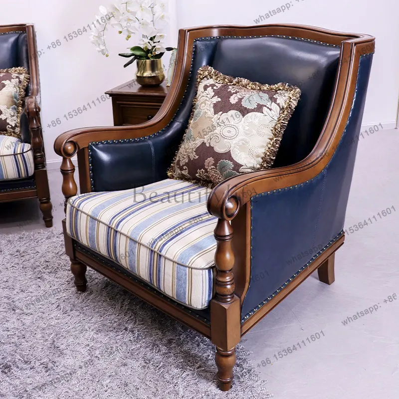 American country all solid wood leather sofa first layer cowhide three people