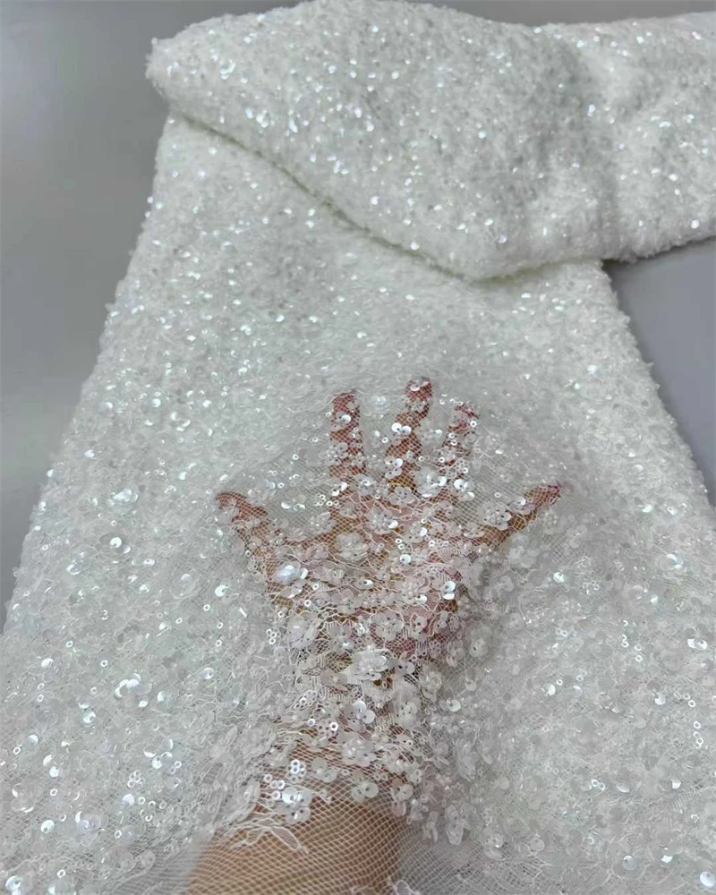 

African Heavy Beaded Lace Fabric French Bridal Sequins Lace Fabric 2025 Luxury Nigerian Tulle Lace Fabric For Dress