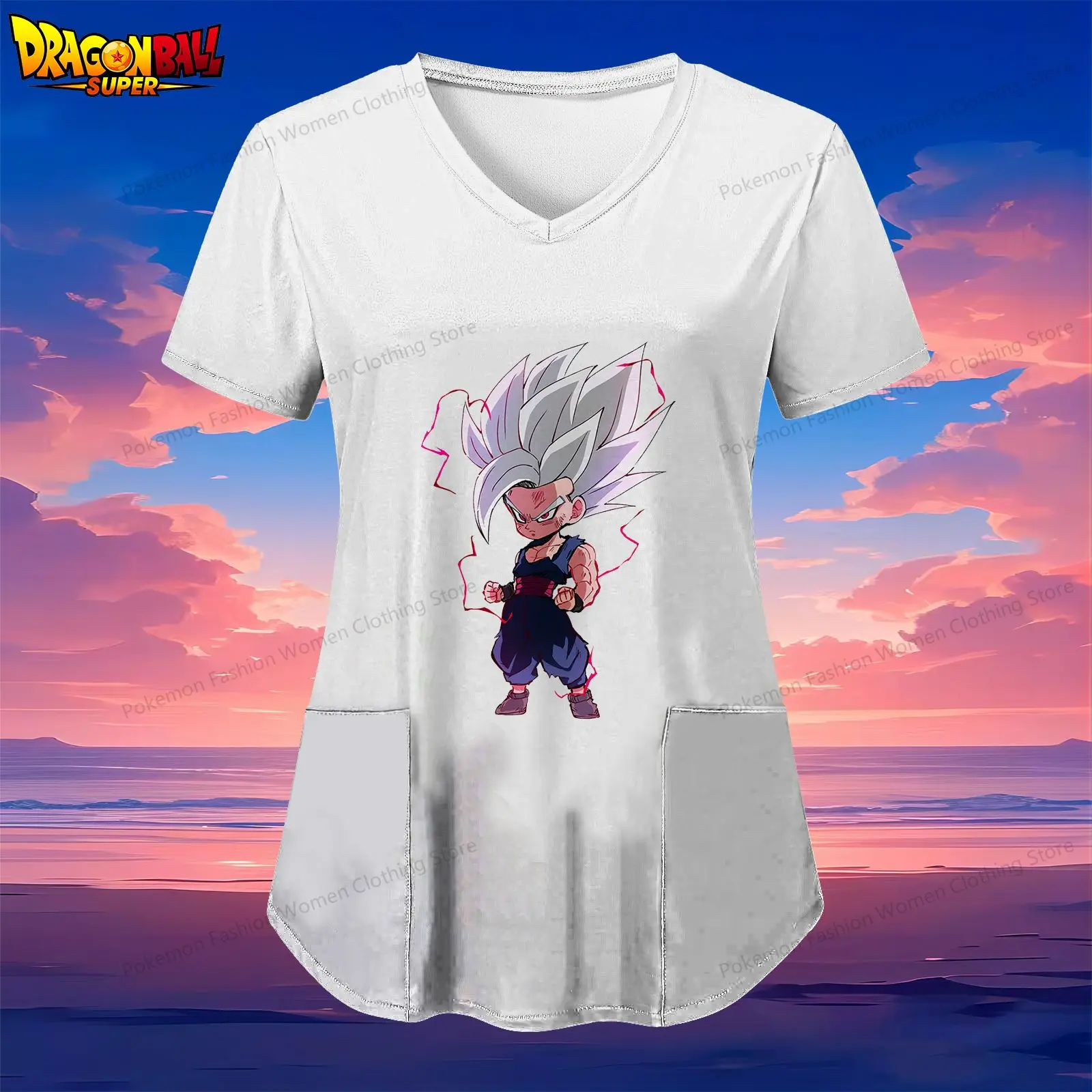 Damska koszulka pielęgniarki z dekoltem w szpic Dragon Ball Kakarotto Kieszeń Odzież damska 2024 S-2XL Koszulka z krótkim rękawem Y2k Anime Lato