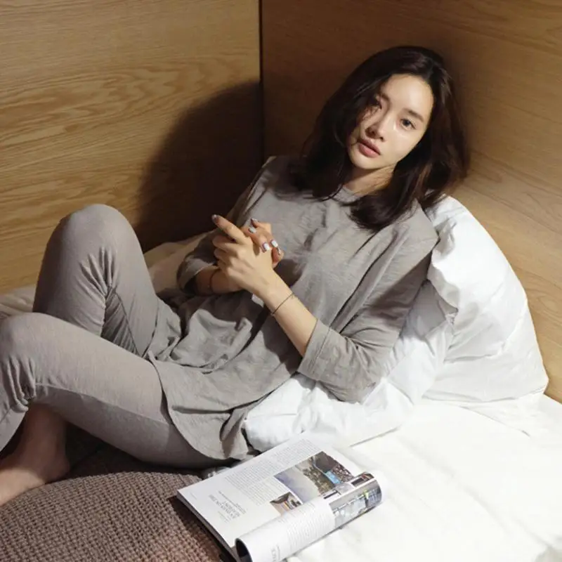 Female 2PCS Long Sleeve Pants Suit Soft Modal Pajamas Set For Women Nightshirt Casual Loose Home Service Elasticity Sleepwear