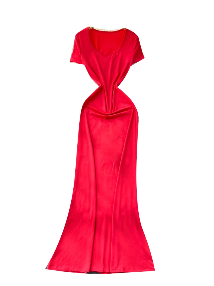 夏の純粋な欲望 レディースドレス ハイウエスト Aライン 半袖 Vネック ボディコン ロングスカート セクシー シティ通勤 韓国風