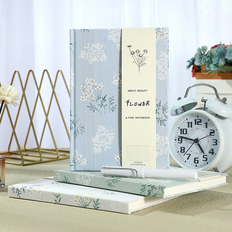 A5 Fresh Floral Fabric Hardcover Notebook 100 Sheets Lined  Minimalist Floral Print Journal Student Writing Diary Stationery