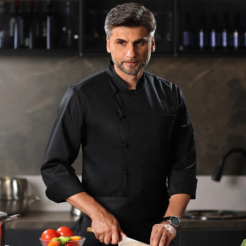 Men's Chef Coat Buttons Long Sleeve Kitchen Jacket Restaurant Waiter Uniform