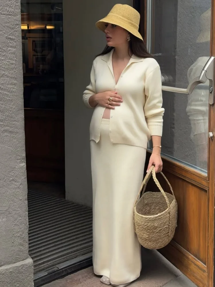 2026 White Lapel Knit Two-Piece Set Polo Collar Button Long Sleeve Cardigan Straight Midi Skirt Minimalist Commute Chic Wear