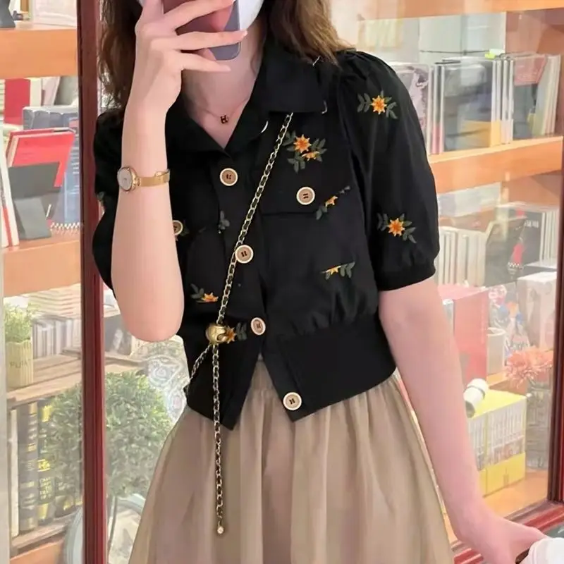 Summer Woman Blouse Embroidered Short Sleeve Top French Luxury Style Fashion Romantic Flower Pattern High Waist Slim Grace Niche