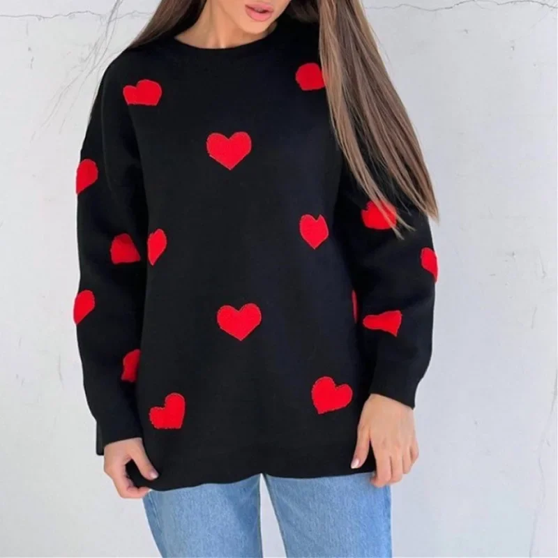 Chic Heart Embroidery Thick Sweater Women's Clothing Trend  Knit Pullover Streetwear Long Sleeves Coats Pink Tops Jumper Loose