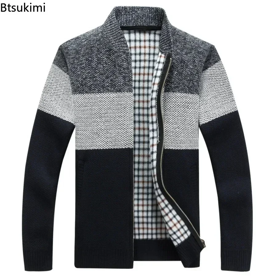 Autumn Winter Men\'s Fleece Knitted Sweater Coats Fashion Contrast Color Stand Collar Zip Cardigan Jacket Male Thick Warm Sweater