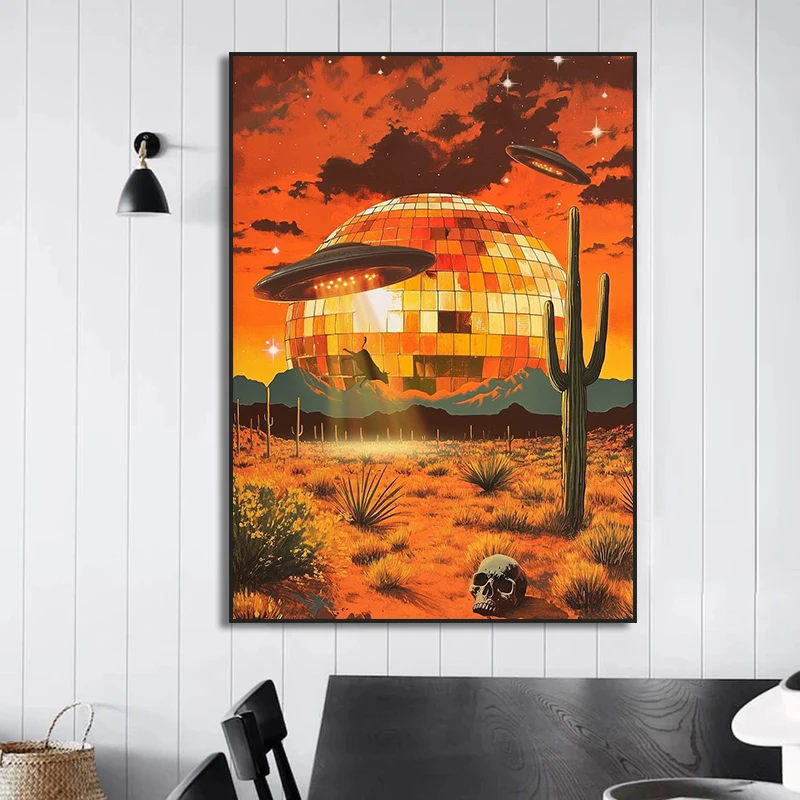 UFO الغريبة المشارك الرجعية ديسكو الكرة الصبار المشهد قماش اللوحة البقرة المشارك سريالية تريبي جدار ديكور فني للمنزل جدارية #2