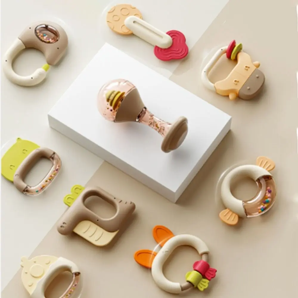 

5/6Pcs Creative Silicone Cartoon Rattle Soft Animal Shape Baby Health Teether Ring Design Anti-Chew Handheld Baby Teething