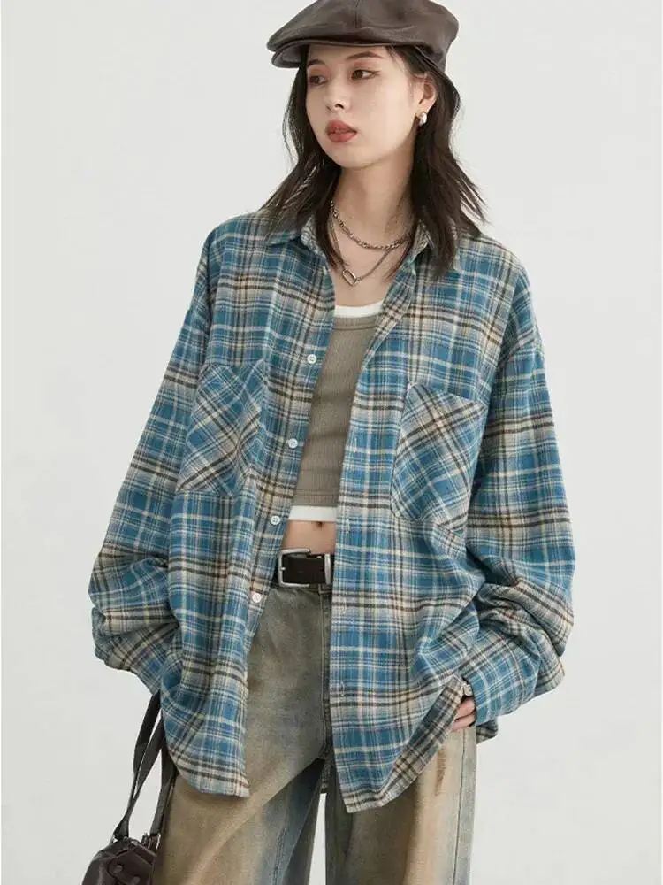 

CHIC VEN женская хлопковая рубашка однобортная свободная новая ретро цветная сетка женские блузки осень-весна 2024